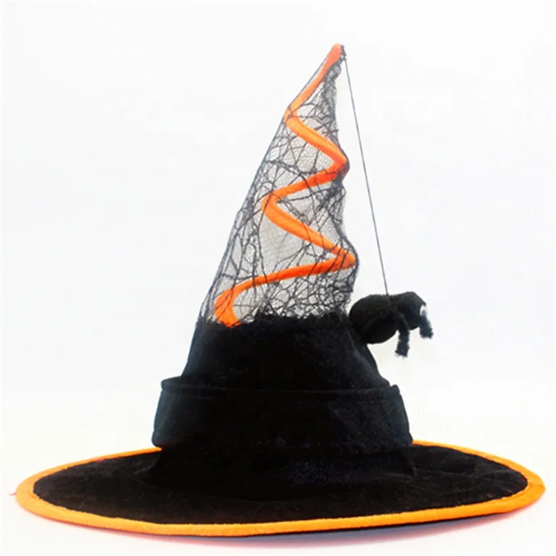 Factory Wholesale Halloween Party Witch Hat Hanging With Spider Spring Halloween Tulle Witch Hat Costume Accessory