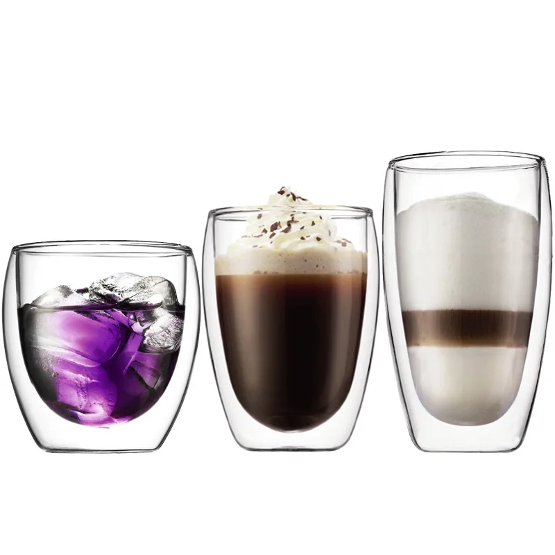 BCnmviku Double-Wall Round Glasses 250/350/450ML Entertainment Dinnerware Creative Drinking Glasses For Hot & Cold Beverages
