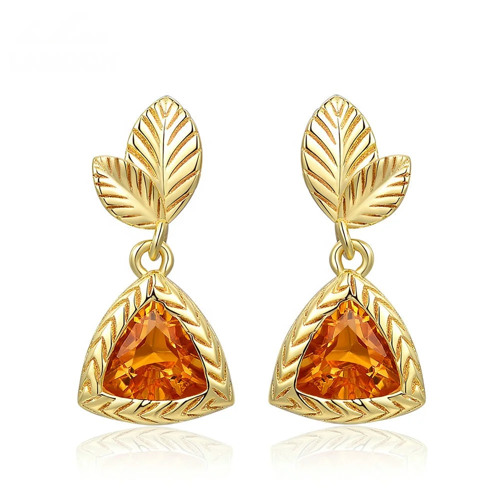 Fancy Fine Jewelry 14K Gold Plated 925 Triangle Cut Natural Gemstone Yellow Citrine Drop Earrings EI009