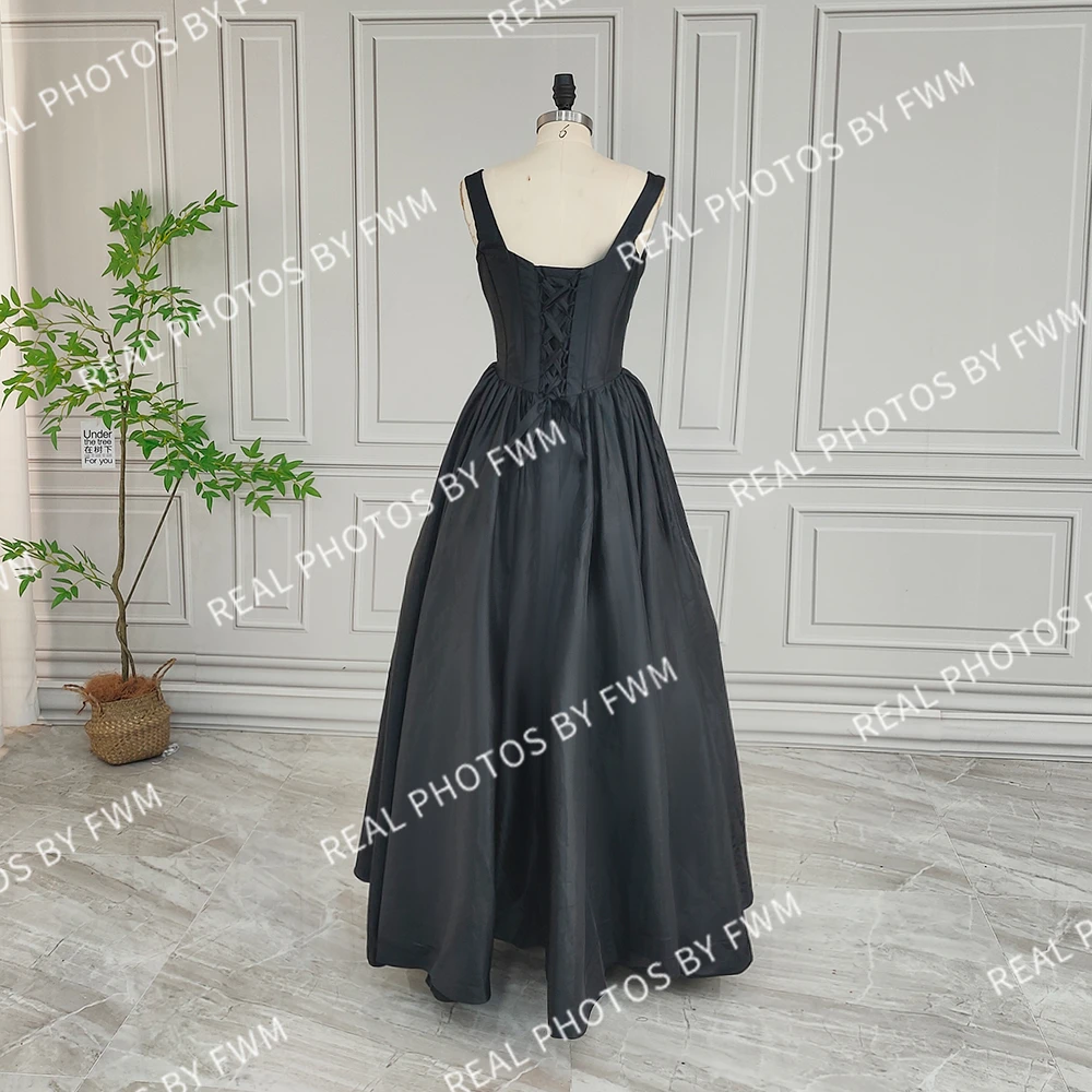 100% Настоящее фото высококачественное черное свадебное платье трапециевидной формы с квадратным воротником для невесты 2024 корсет на спине вечернее макси без рукавов