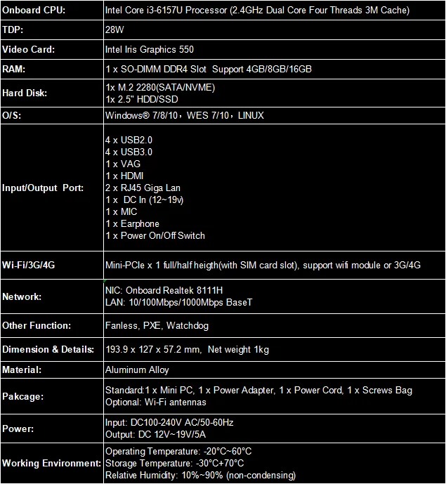 Hot sell embedded desktop computer Din Rail 7*24 Intel 6th Gen I3 6157U support 2*COM 2*LAN Fanless Industrial Mini PC