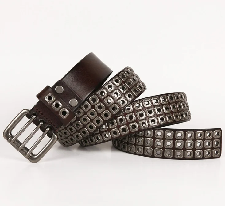 Custom Cowboy Metal Eyelets Grommets Punk Studded Western Genuine Leather Belt for Men