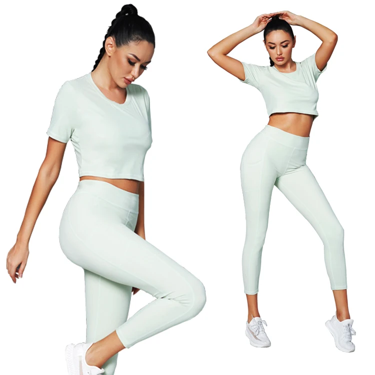 
 fashine Outfits 2 Piece Workout female fitness cute yoga bras sets cropped sportswear t-shirts suit gym crop tops  
