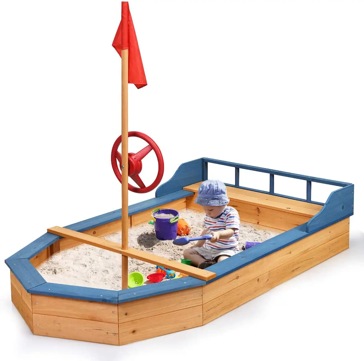 Pirate Boat Wood Sandbox for Kids, Wooden Pirate Sandboat Sandboxes w/Bench Seat, Flag, Storage Space, Non-Woven Fabric Cloth, C