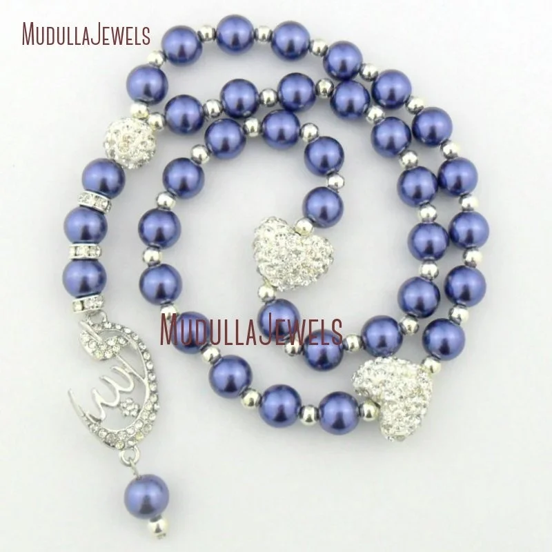 MU14423 Eid Gift Allah Mohammed Rosary Dark Blue Pearl Worry Beads Silver Heart Allah Islamic Prayer Beads Tasbeeh Muslim Tasbih