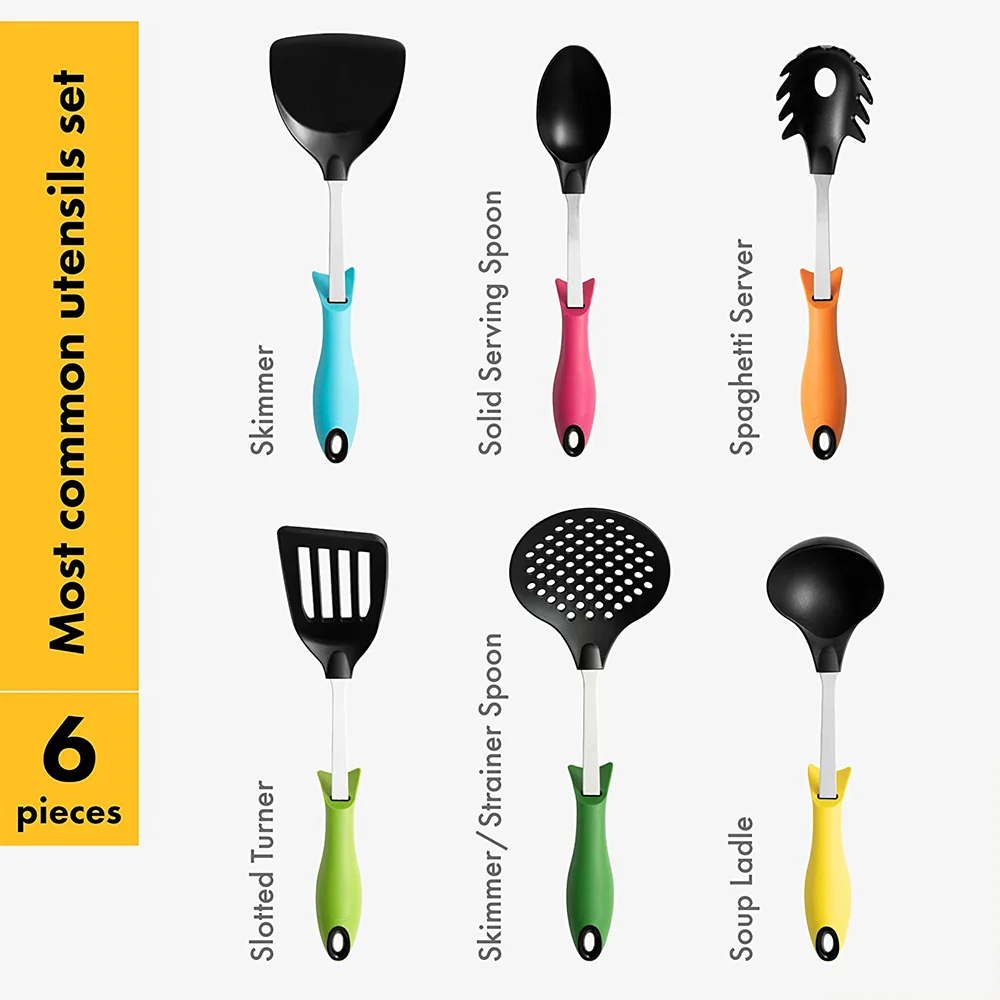 Custom Colourful household Kitchen Cooking stuff chinese innovative premium nylon utensils set for rack camping cookware
