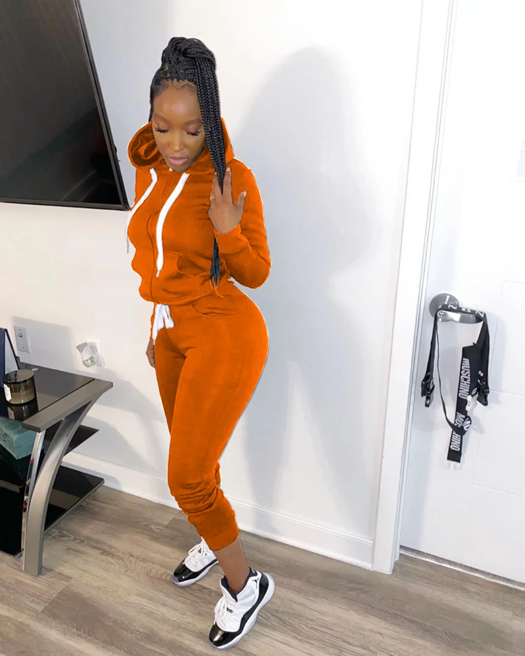 Nice Quality Hooded Ribbed Knit Two Piece Pants Sets Pockets Winter Outfits For Women Wholesale Sweat Suits Apparel Set