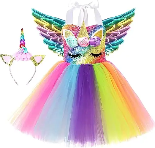 Girls Unicorn Costume LED Light Up Unicorn Dress Birthday Party Princess Dress for Halloween Party