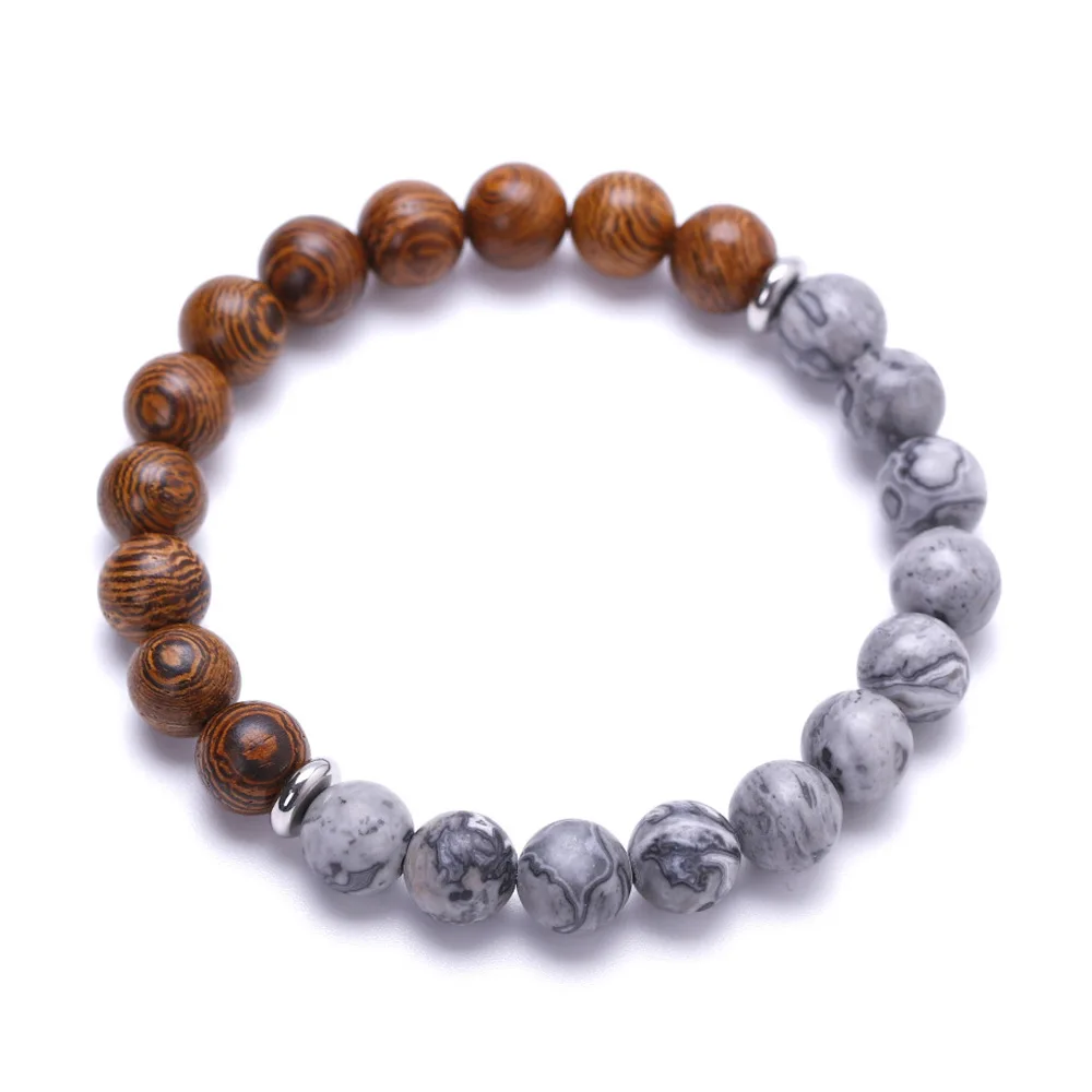 Wholesale Wristband Friendship Jewelry Yoga Meditation Balance Bracelet Natural Map Stone Wood Bead Stretch Bracelet