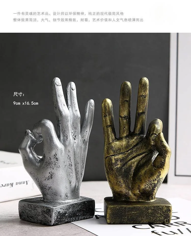 Wholesale Creative Resin Gold Nod Victory Gesture Finger Sculpture Indoor Crafts Statue Ornaments For Home Tabletop Decorations