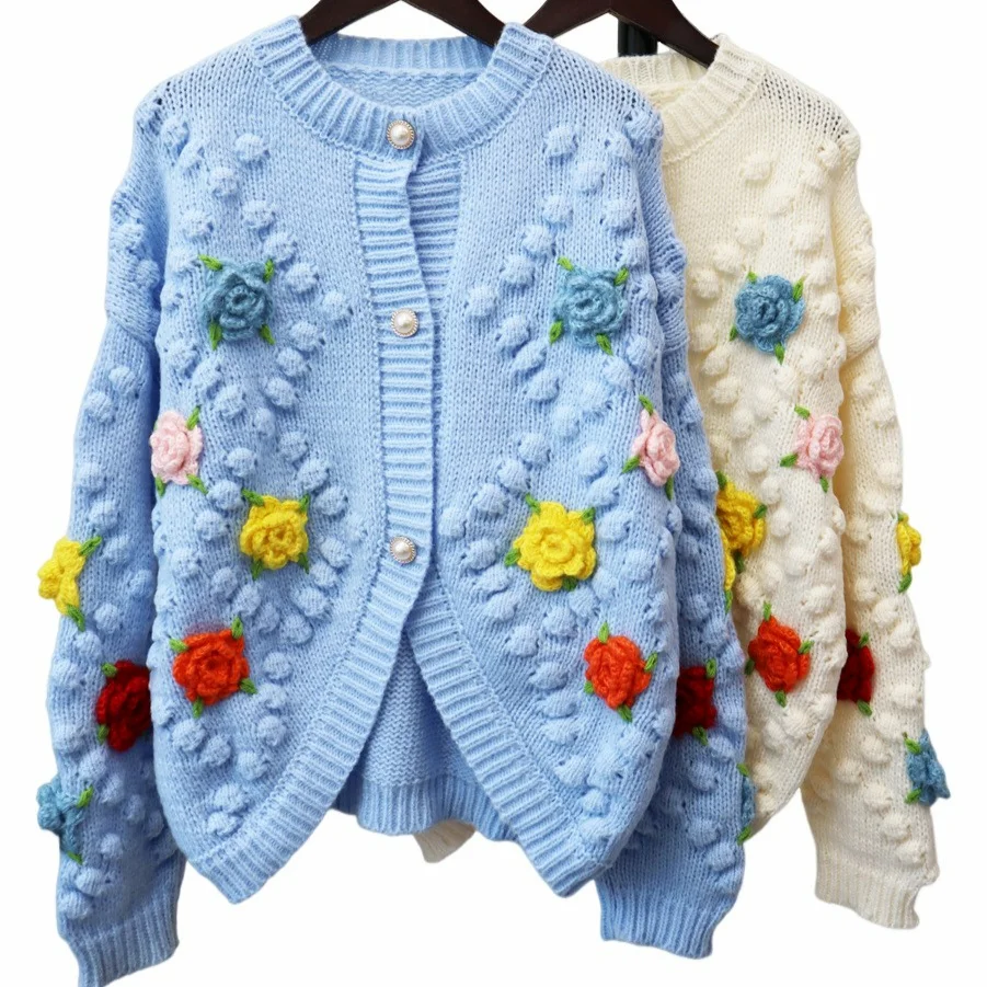 Autumn Winter New Handmade Hooked Flower Knitted Cardigan Sweater Coat Women Design 3d Ball Flower Embroidery Cardigan