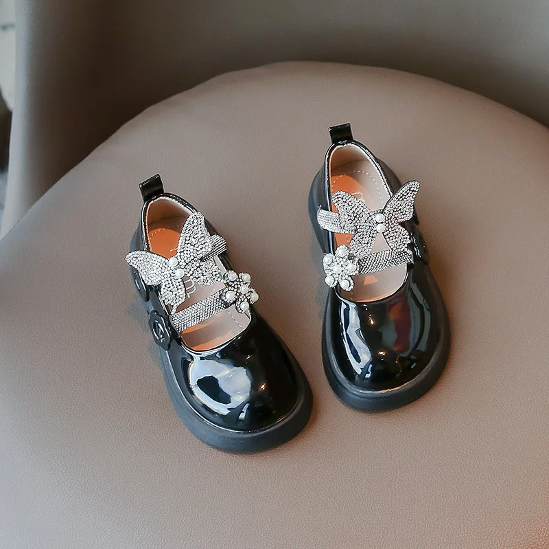 2024 New Kids Leather Shoes Fashion Fringed Butterfly Knot Girls Princess Shoes Casual Glitter Children Student Shoes