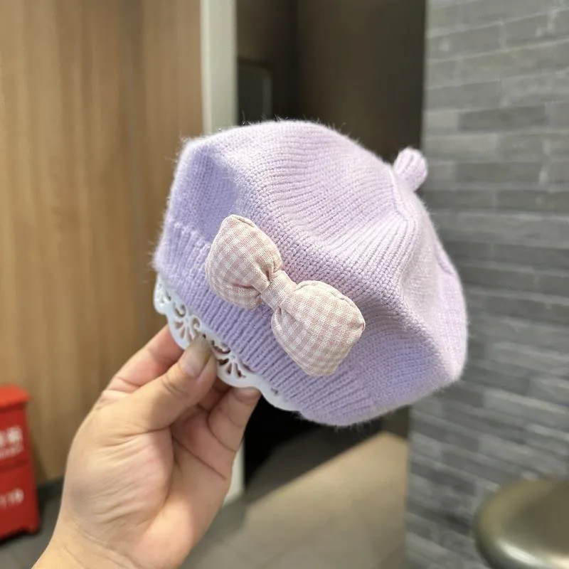 Autumn Winter Korean Fashion Berets Hat for Kids Solid Warm Knitted Baby Girls Caps with Bowknot Design Wholesale