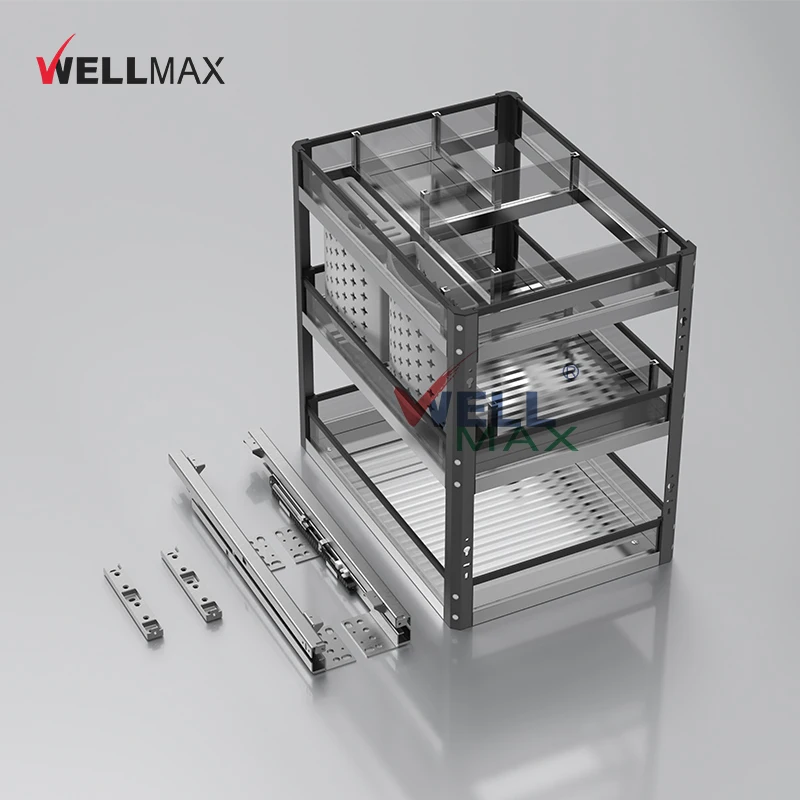 WELLMAX Multifunctional Glass Sliding Spice Drawers Basket Hardware Accessories Pull Out Storage Rack Kitchen Cabinet