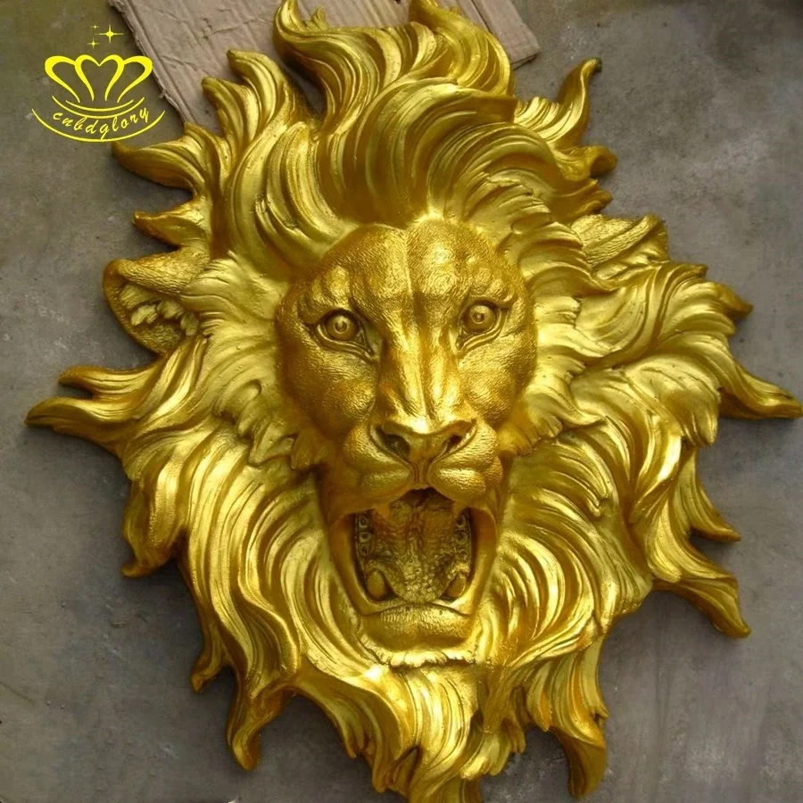 Outdoor garden Wall art Hanging ornament metal crafts Sculpture Gold Bronze Lion Head Statue