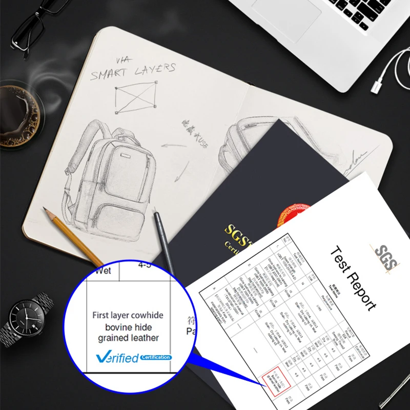 BOPAI BSCI Cowhide Men USB Charging Laptop 15.6 Inch Business Travel Expandable Anti Theft Custom Genuine Real Leather Backpack