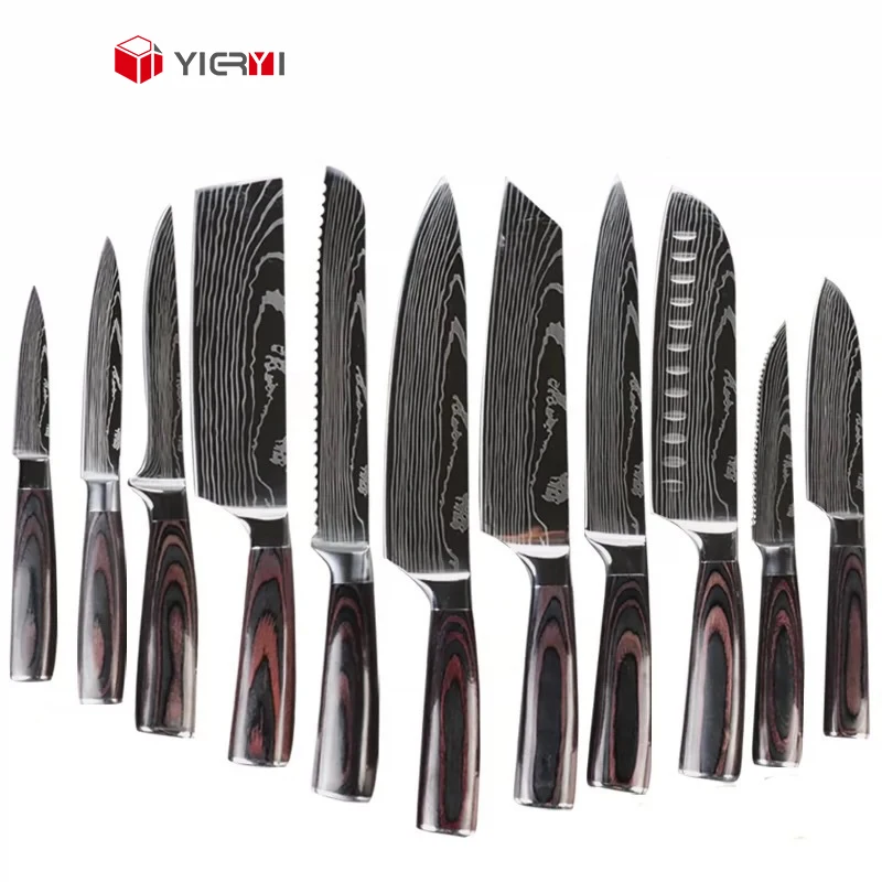 Wholesale price 9pcs sharp wooden stainless steel santoku chef modern knives kitchen knife set with gift box