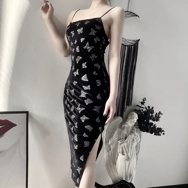 Dark Sexy Butterfly Print Split Cheongsam Little Black Dress Female Gothic Suede Ins Suspender Dress