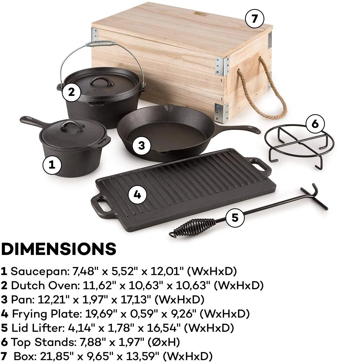 Pre-Seasoned 7 Piece Heavy Duty Cast Iron Dutch Oven Camping Cooking Pots and Pans For Outdoor Barbeque