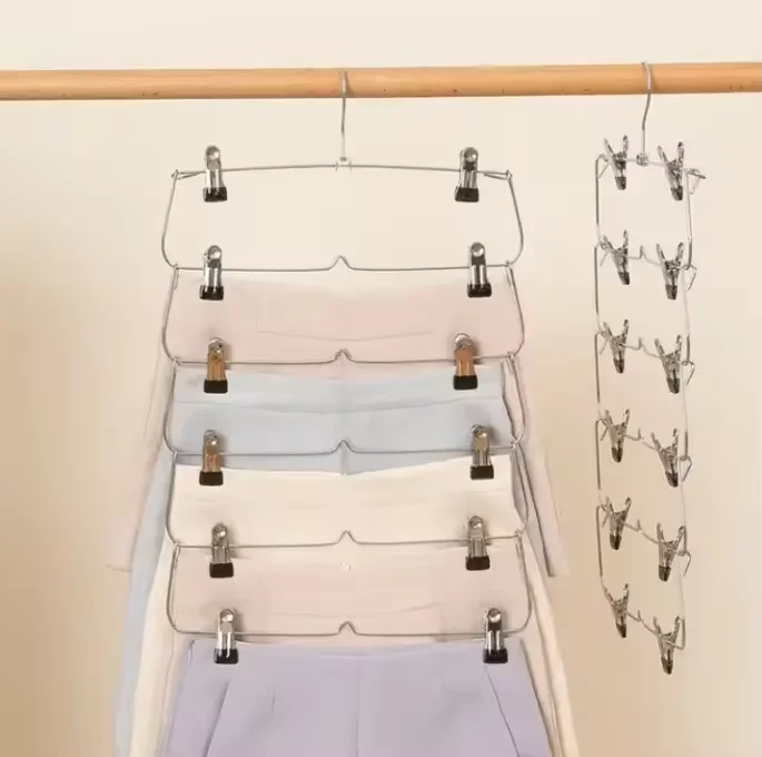 Hot selling wholesale foldable hanger wardrobe save space multilayer metal pant hanger with clips