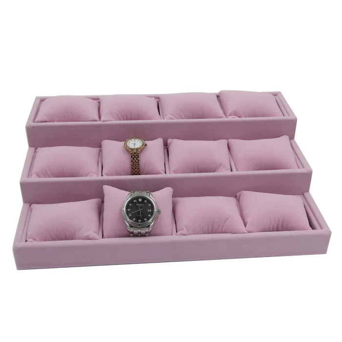 High Quality Elegant Luxury Velvet Jewelry Bracelet Bangle Watch Tray Pillow Cushion Three Layers Watch Leather Display