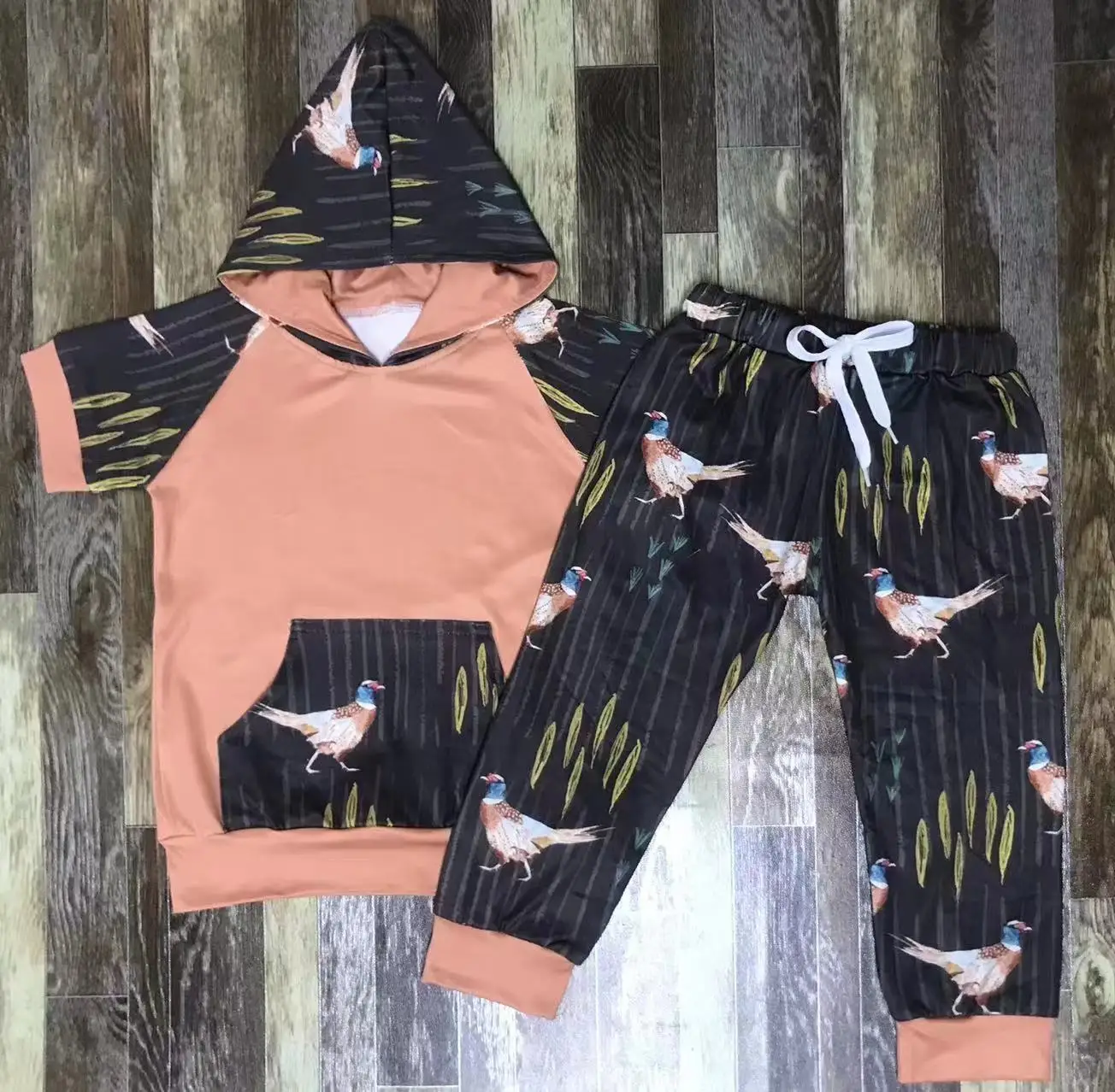 Boutique girls clothing set wholesale chicken duck animal black hooded boys short sleeve suit