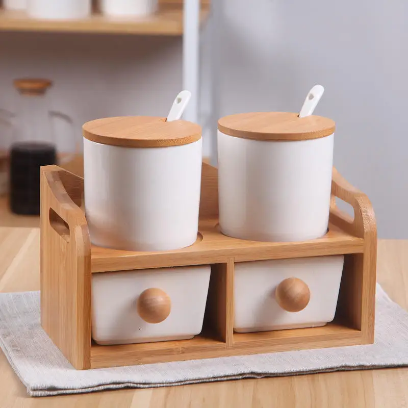 2 Tier Ceramic Cheap Spice Jar Set Seasoning Box Kitchen Salt Sugar Container with Bamboo Stand Rack