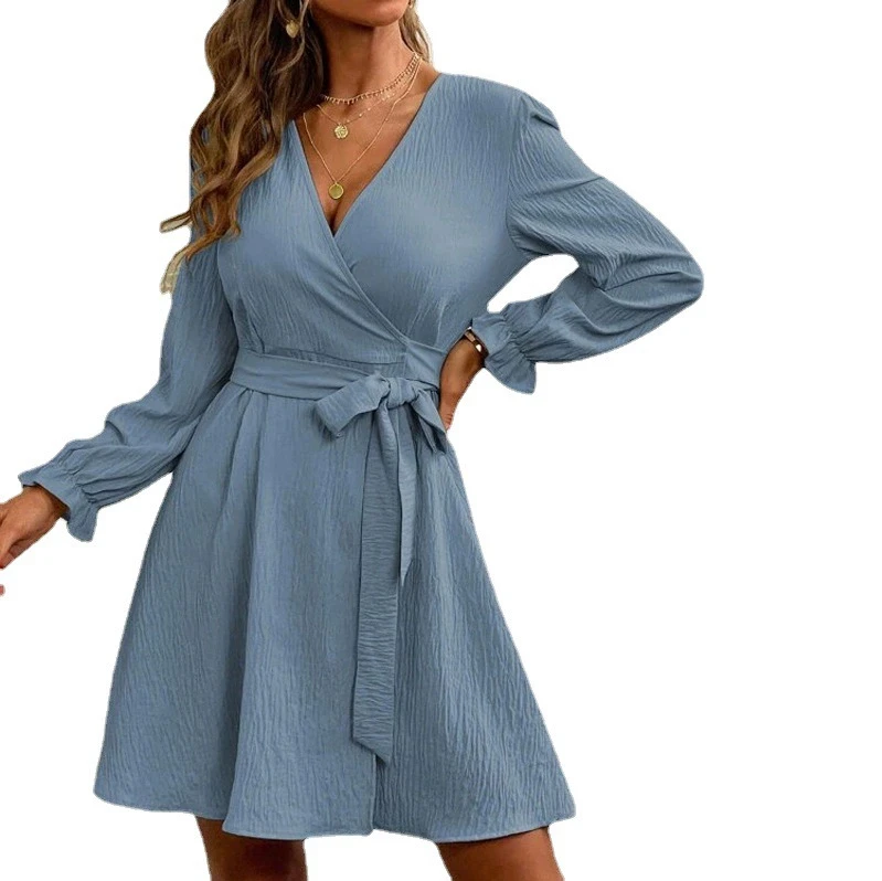 European and American solid-color chest-wrapped jacket collar tied lantern sleeve dress