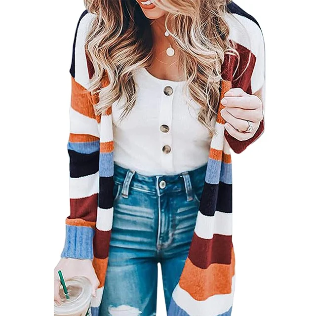 Womens Color Block Striped Draped Kimono Cardigan with Pockets Long Sleeve Open Front Casual Knit Sweaters Coat