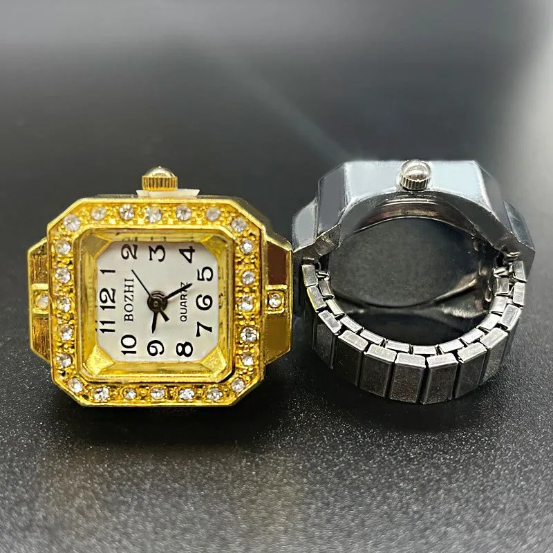 wholesale punk hip-hop Jewelry Free size Mini Vintage Gold Watch Ring Metal Finger Watch Elastic Strap gifts for Women Men