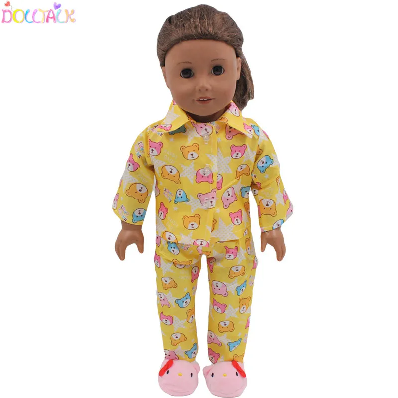Dolltalk Hot Sale 18- Inch American Doll Accessories Yellow Beautiful  Bear Pattern Soft Pajama Set Doll Clothes