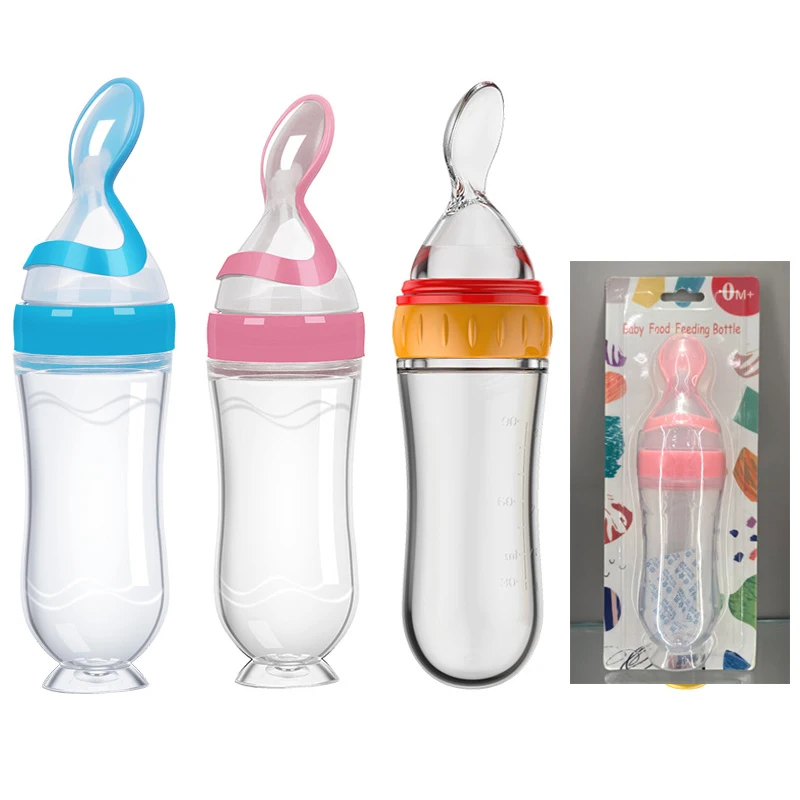 Custom Biberones Para Bebes Baby Silicone Feeder Spoon Rice Paste Squeeze Spoon Complementary Food Bottle