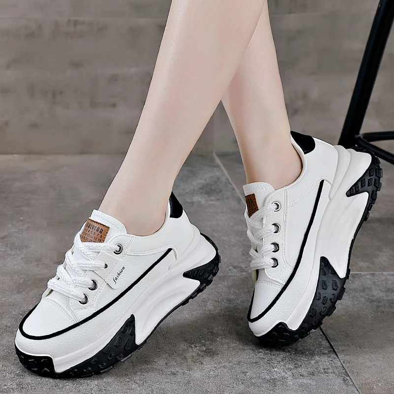 Hot sale Women Thick-soled Walking Shoes White PU Leather Spring Autumn Fashion Woman Chunky Sneakers with 5CM Thick
