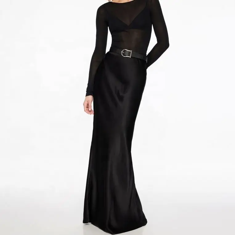 OEM10 Custom Lady Elegant Wrap Silk Skirts High Waisted Long Maxi Satin Skirt For Women