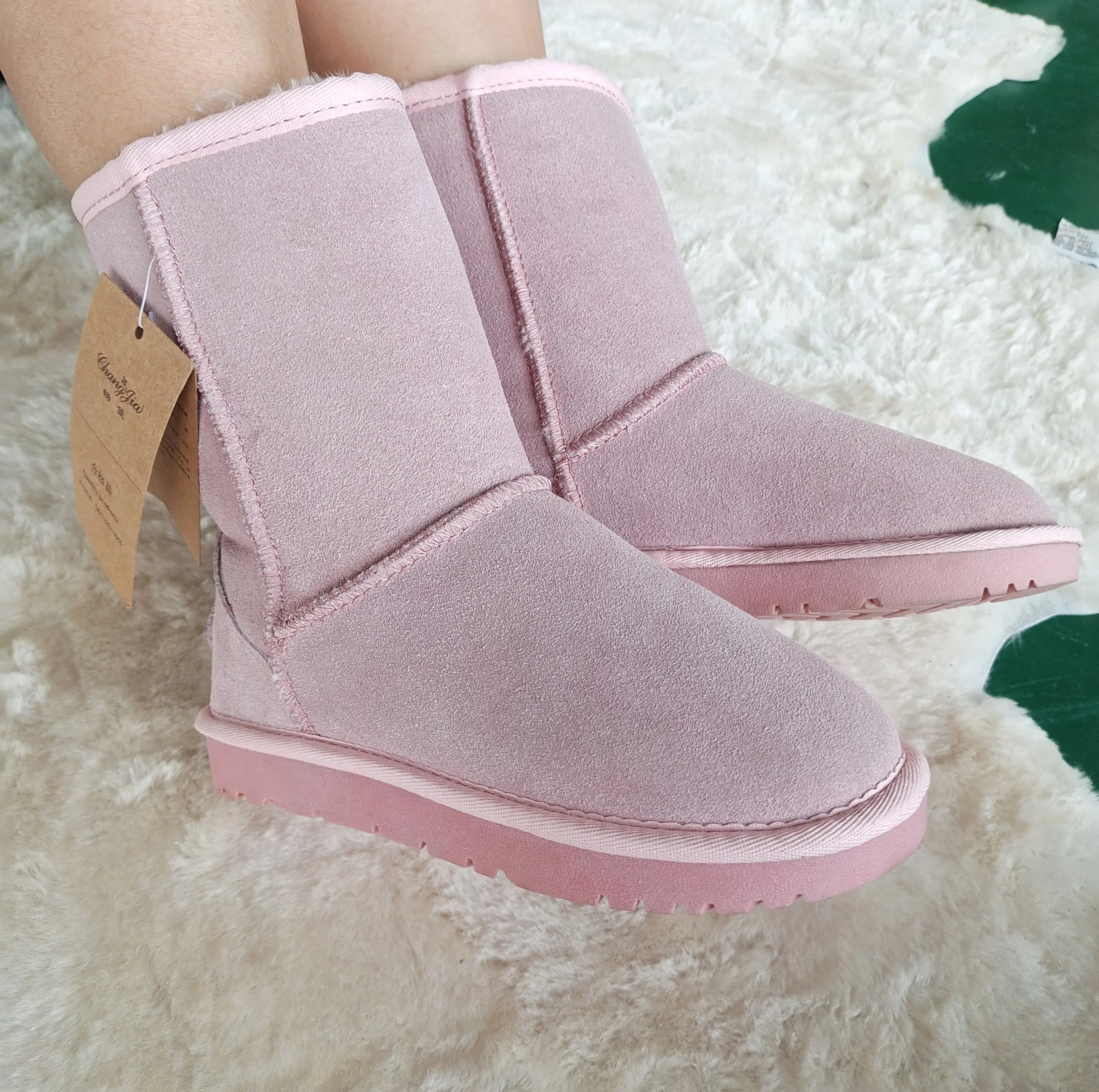 slip on style Classic Mini Genuine Shearling boots fur wool Lined Boot beige  winter shoes