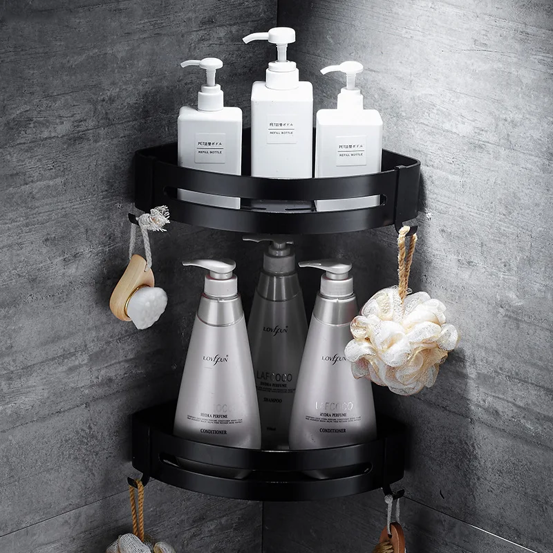 Aluminum Rustproof Shower Corner Caddy No Drilling Adhesive Black Bathroom Basket Shelf with Hooks