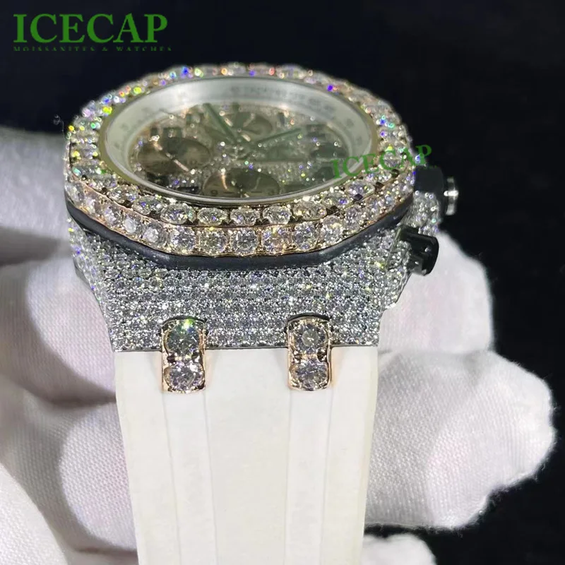 Hot white rubber Automatic mechanical Arabic digital watch Luxury brand men women Ice  Moissanite Diamond watch