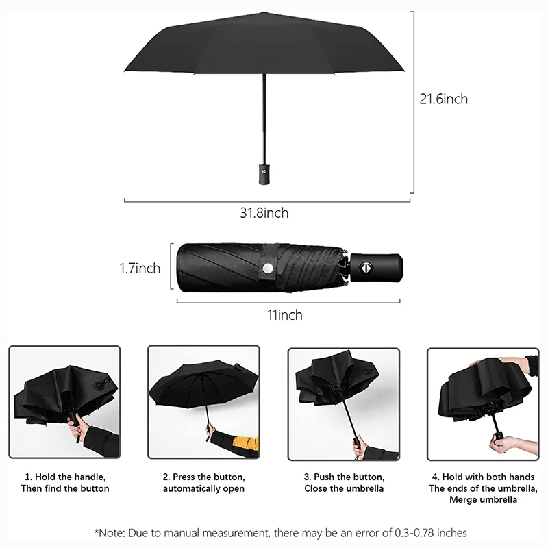 Lightweight Sturdy Sun Rain Umbrella with Automatic Open Close Button 8 Ribs Compact Foldable Umbrella