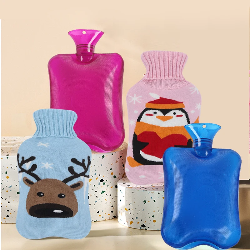wholesale electric long hot and cold water bottles rubber cover plush belt knitted hot water bottle with knitted cover