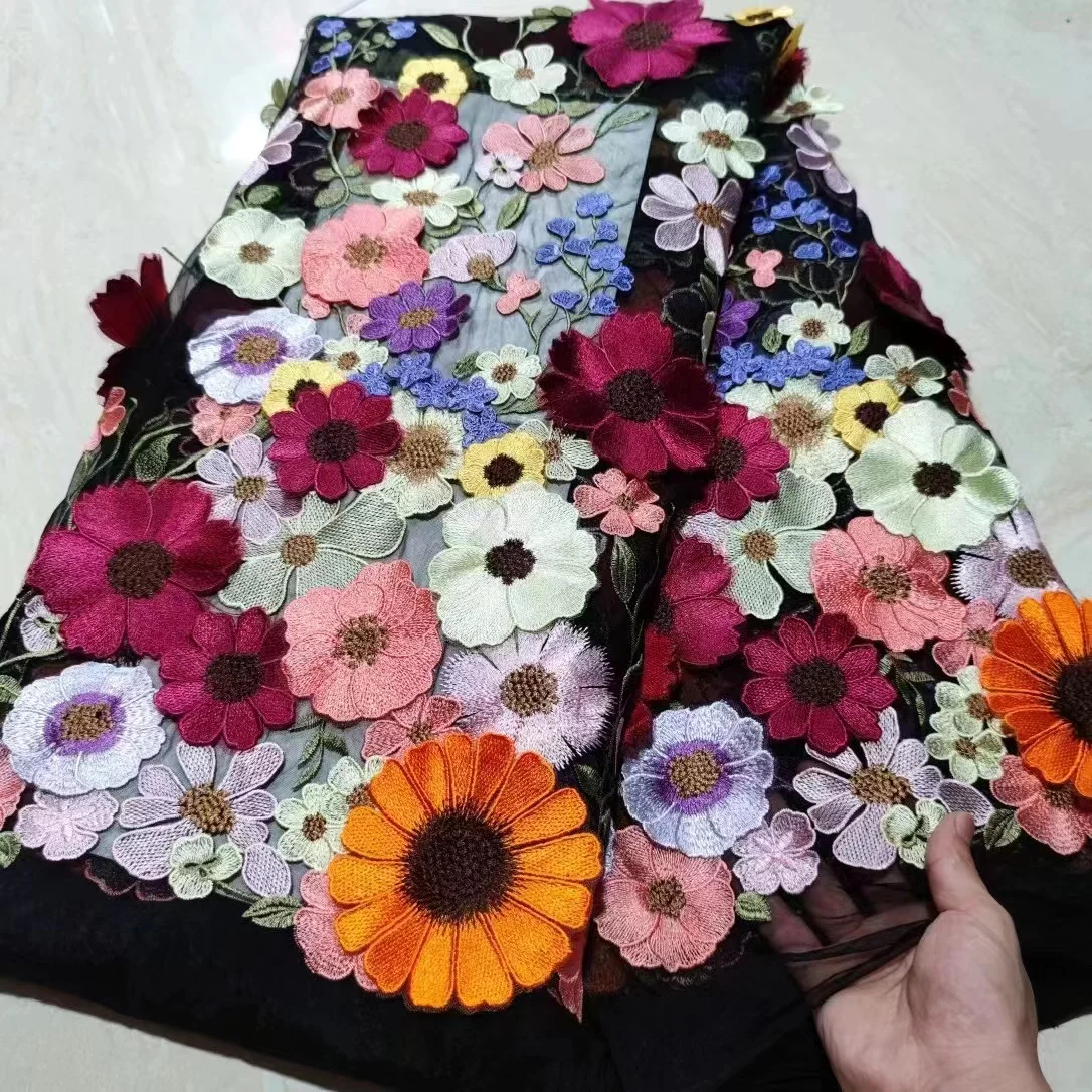 Custom Design Multi-colors Bridal Embroidery Tulle Wedding Dress Net Applique Mesh Floral 3D Flower Lace Fabric