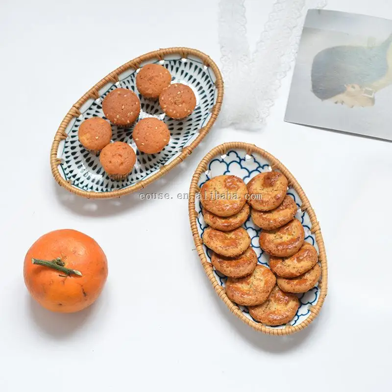 Rattan Ceramic Storage Tray Hand-Woven Fruit/Snack Trays Desktop Storage Crafts Ornament Oval Serving Decorative Ceramic Dish