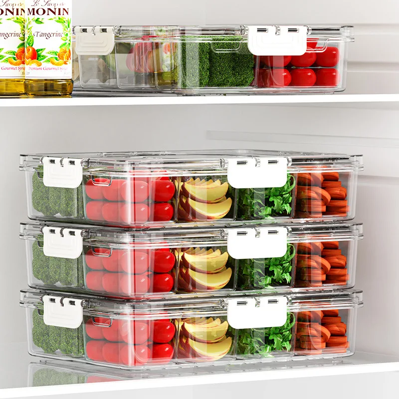Kitchen PET Material Durable Stackable Transparent Food Storage Containers Clear Divided Serving Tray with Lid & Handle