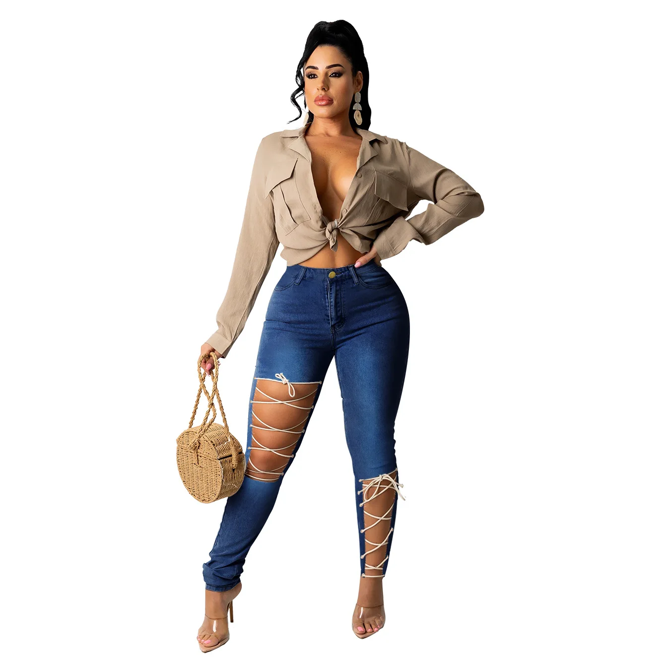 New Style Autumn Fashion Solid Color Broken Hole Bandage Sexy Trousers Jeans For Women Stylish
