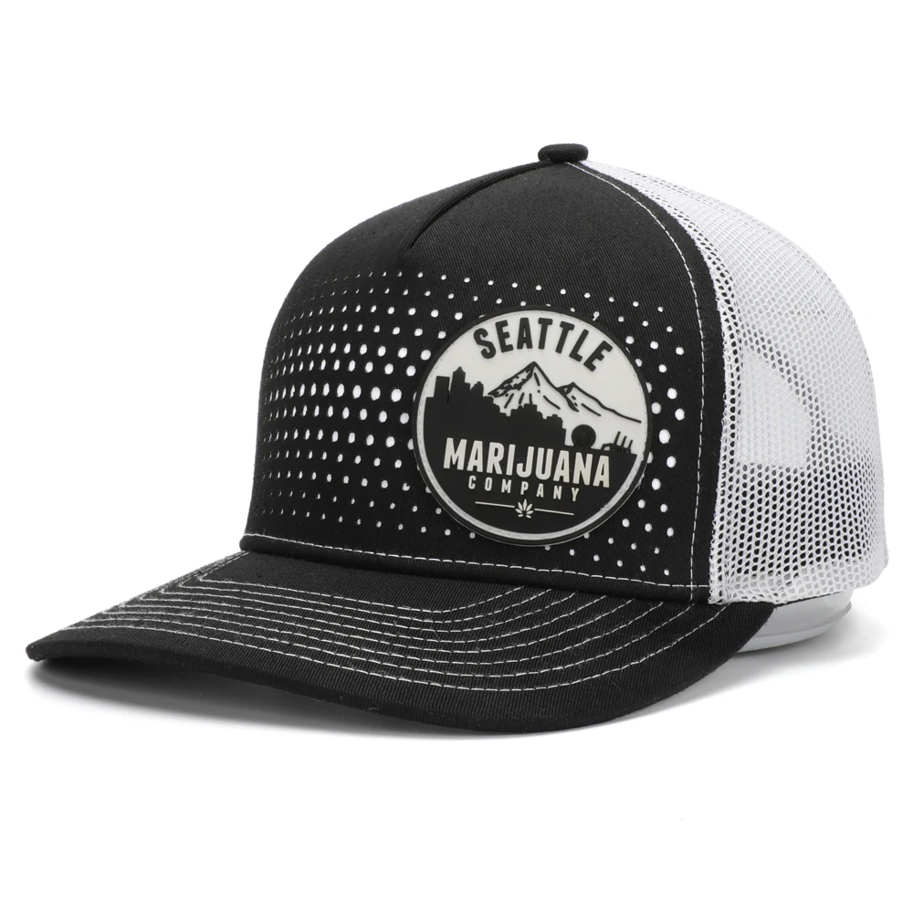 Wholesale 2019 Customized Made Rubber PVC Patch Laser Boring Holes Trucker Cap Mesh Hat