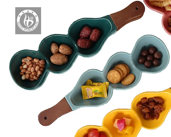 green blue pink white wave love shape ceramic Snacks bowl with wooden handle Serving tray 2023