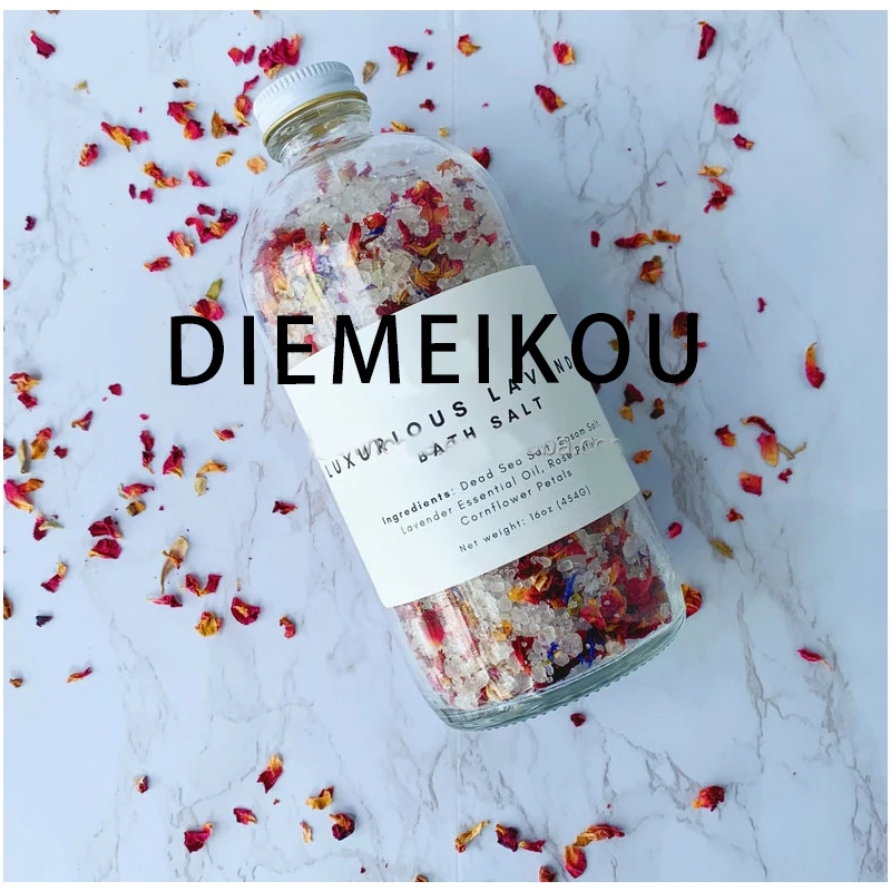 Private Label Herbal Bulk Large Bath Salts Himalayan Salt Lavender Jasmine Rose Bath Soak Bath Salts with Flowers