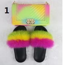 USA wholesale fox big fur slides slippers for women and with matching purse set jelly bag handbag vendors