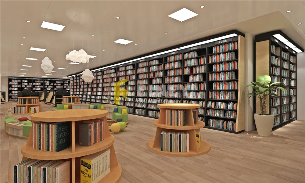 Custom Library Interior Decoration Layout Design Metal Steel Book Shelf Table Library Wooden Furniture