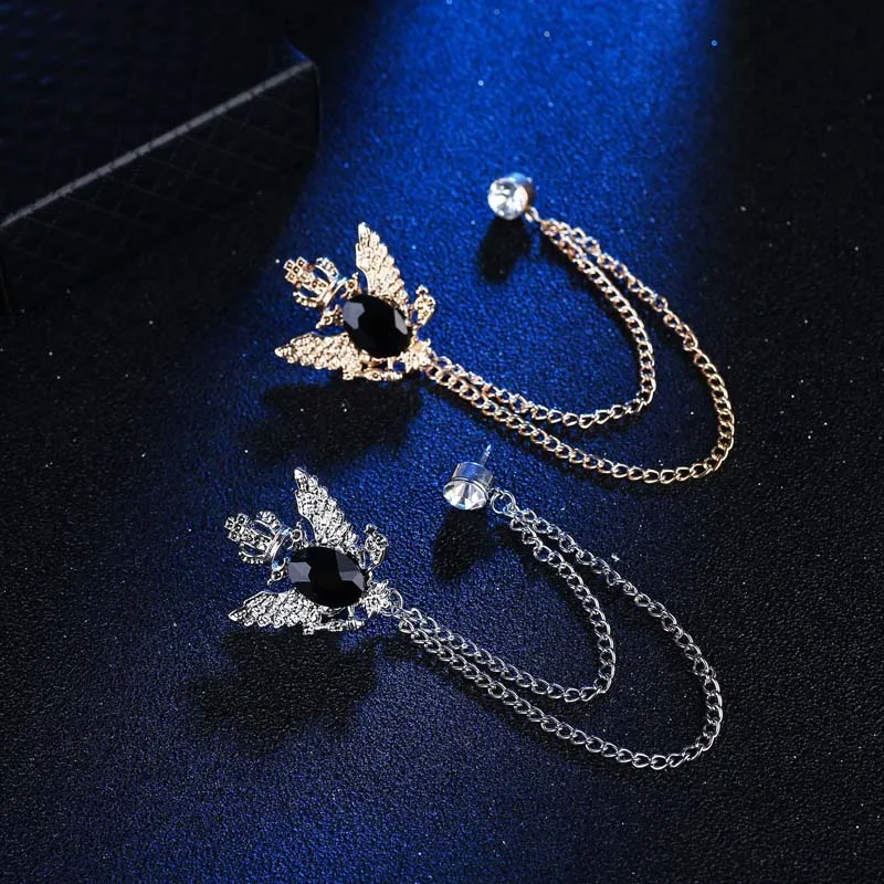 DIY jewelry badge Korean custom made crown brooch fahsion gold silver crystal tassel chain lapel pin brooch for mens suit