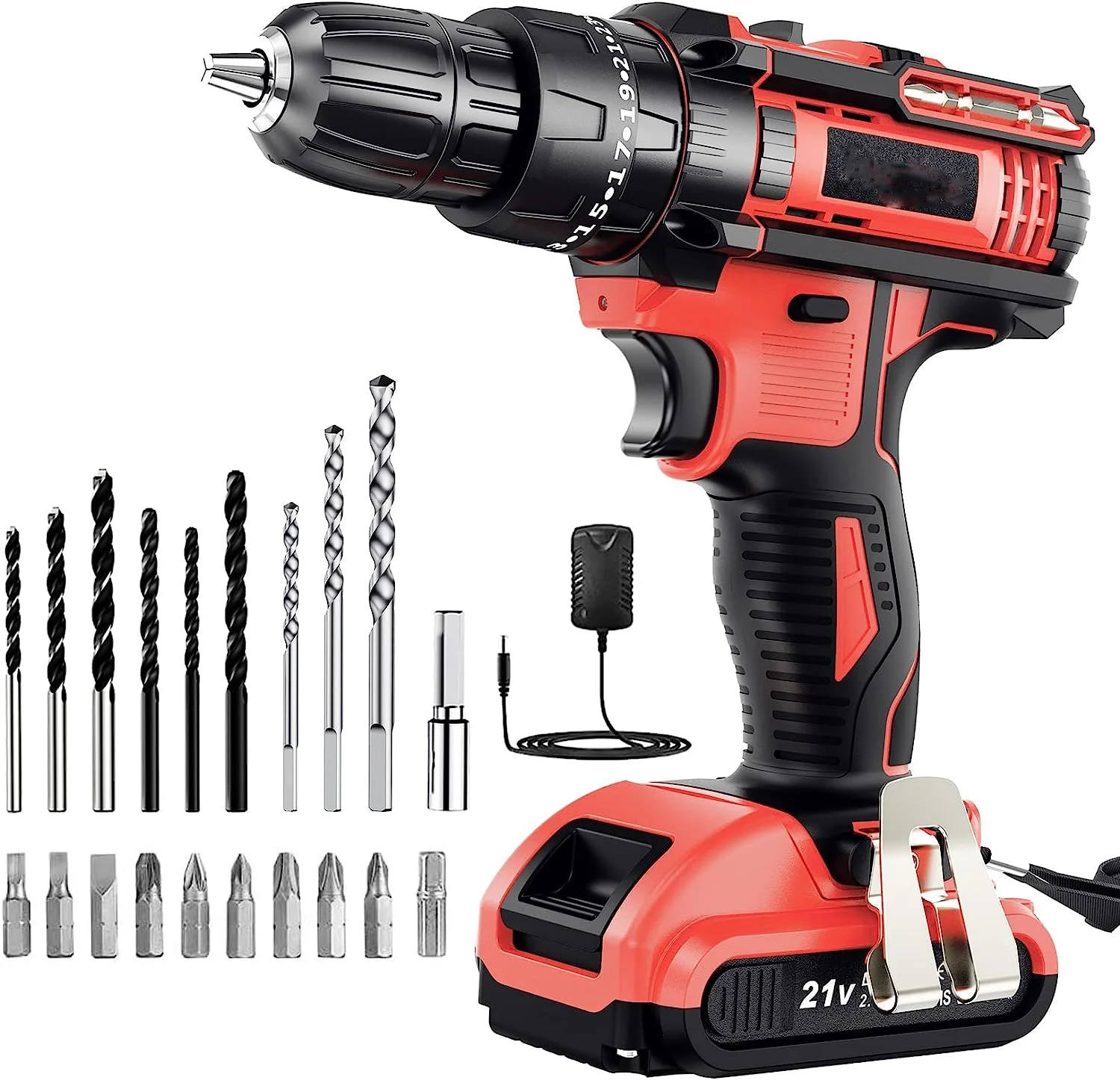 372 In-lbs 25+3 Position Cordless Drill Driver Set  21V 2.0AH Battery Power Drill Kit 23PCS Accessories